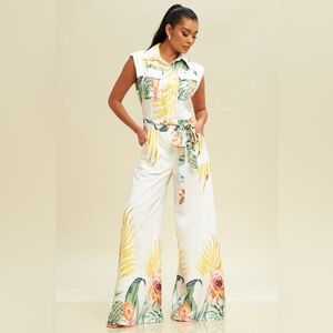 NWT Tropical Print High Rise Belted Jumpsuit